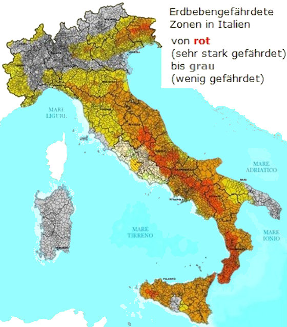 Die erdbebengefährdeten Zonen Italiens