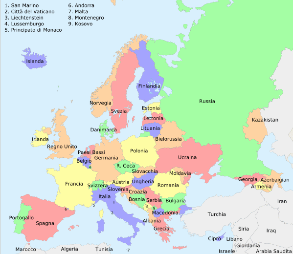 Europa-Karte mit den italienischen Ländernamen